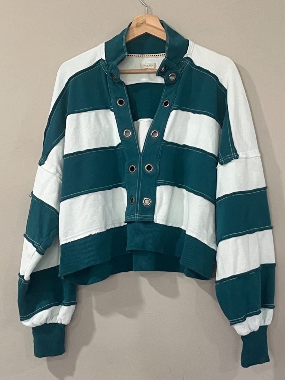 Anthropologie Pilcro Teal & White Striped Rugby Top with Contrast Trim